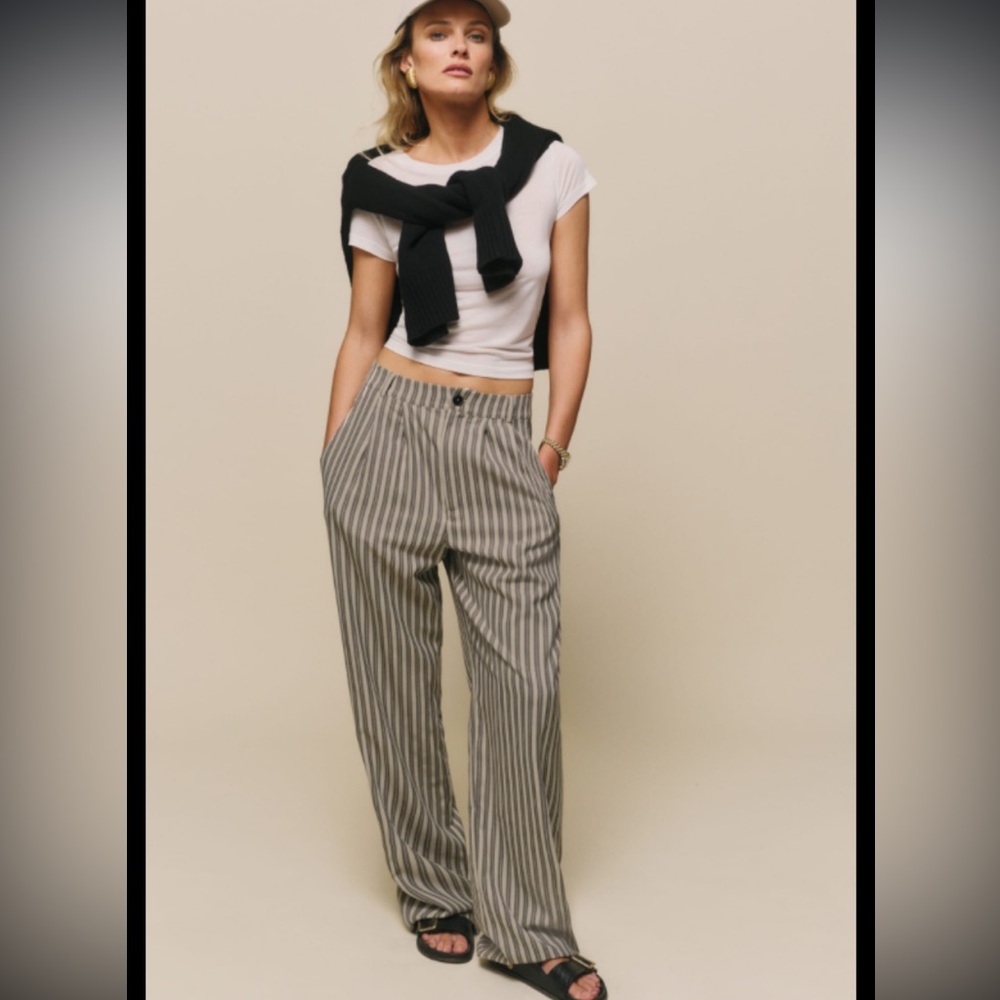 Reformation Black and Cream Striped Women's Trousers (likely Mason pant)